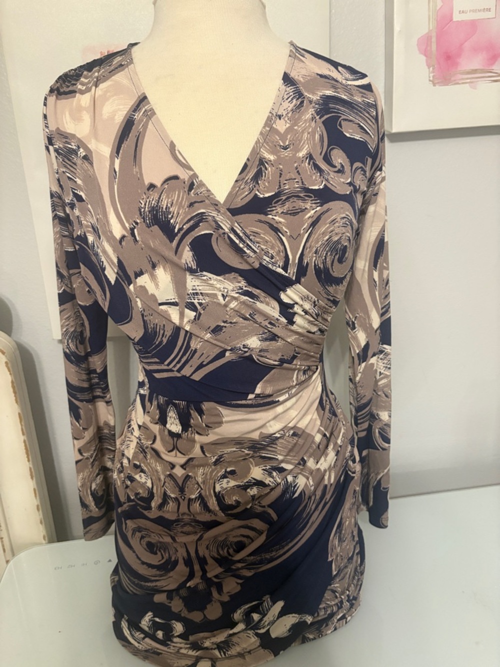 Jennifer Lopez Navy and Tan Printed Wrap Midi Dress